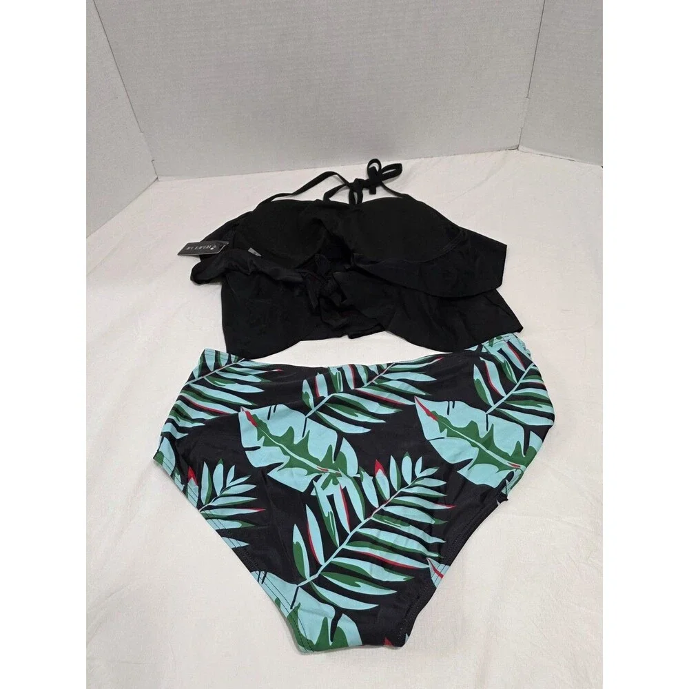 NWT Tempt Me Two Piece Swimsuit Black and Floral Woman's size XXL